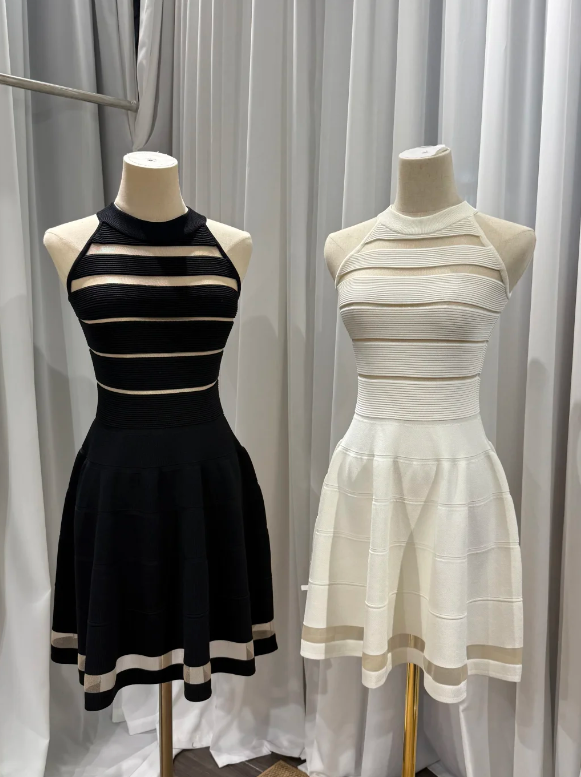 Chic Black High Neck Sleeveless Horizontal Sheer Mesh Striped Rib Knit Cinched Waist A-Line Short Homecoming Dress AS996