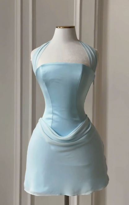 Chic Light Blue Halter Corset Bodice Cowl Draped Waist Bodycon Short Homecoming Dress AS998
