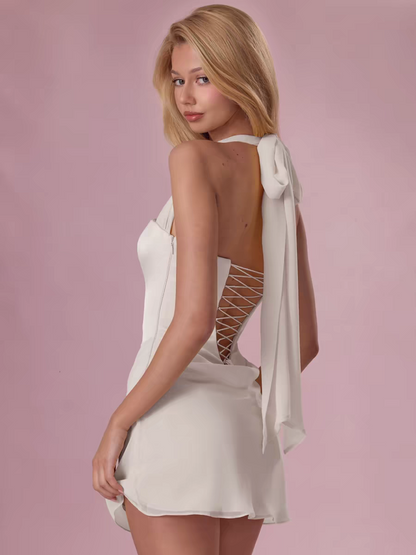 Chic Light Blue Halter Corset Bodice Cowl Draped Waist Bodycon Short Homecoming Dress AS998