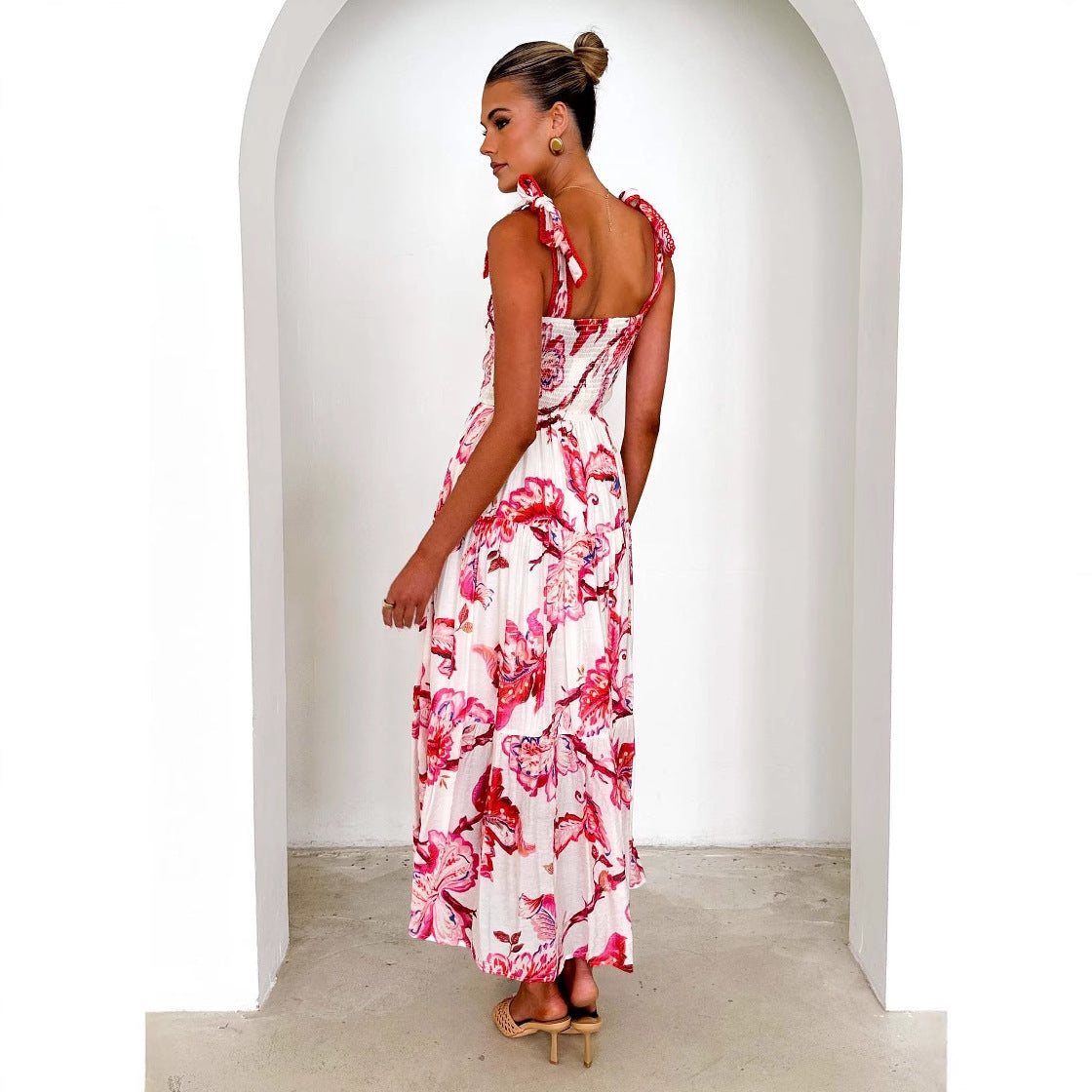 Floral Print Halter Tie Elastic Waist Knot Shoulder Belt Swing Dress AP00063