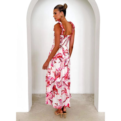 Floral Print Halter Tie Elastic Waist Knot Shoulder Belt Swing Dress AP00063