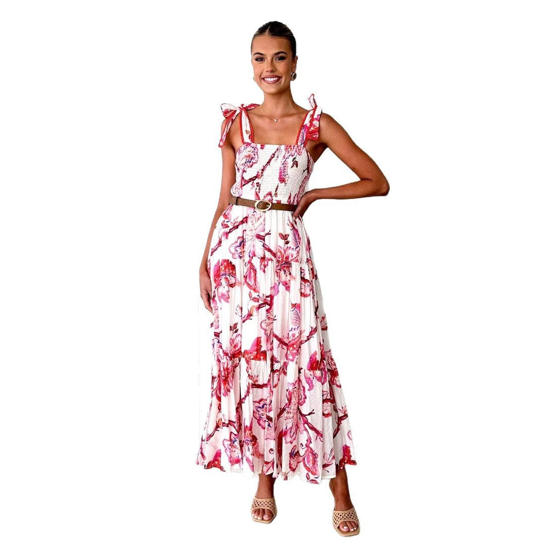 Floral Print Halter Tie Elastic Waist Knot Shoulder Belt Swing Dress AP00063