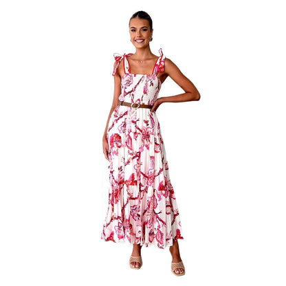 Floral Print Halter Tie Elastic Waist Knot Shoulder Belt Swing Dress AP00063