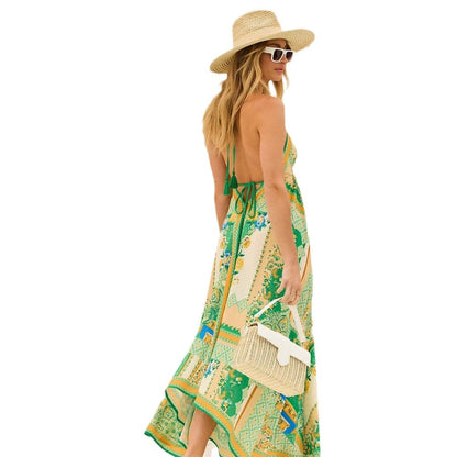 New Europe Leisure Holiday Women Dress Print Halter Sexy Mid-length Dress AP00062