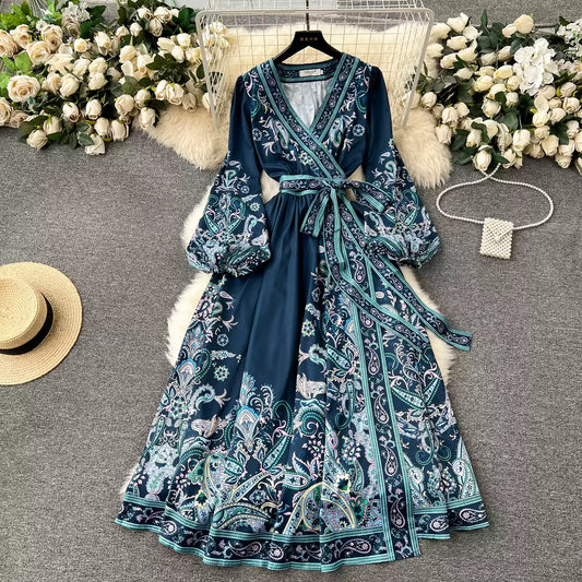 Early Spring New French Advanced Lace-up Waist Print Dress Women Light Luxury Elegant Long Dresss AP00061