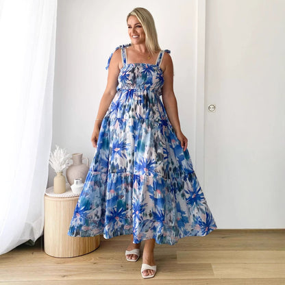 Floral Print Halter Tie Elastic Waist Knot Shoulder Belt Swing Dress AP00063