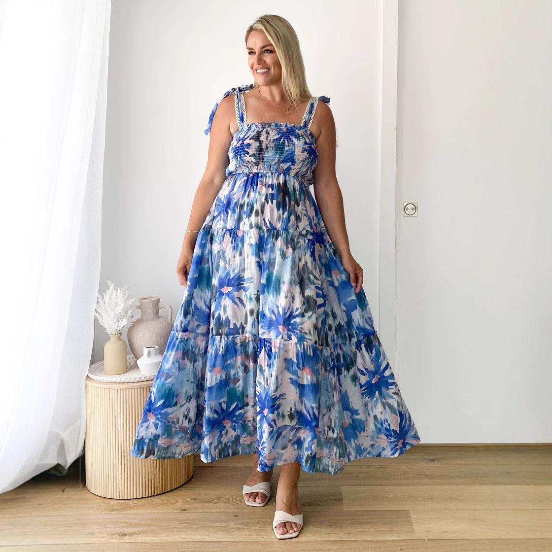 Floral Print Halter Tie Elastic Waist Knot Shoulder Belt Swing Dress AP00063