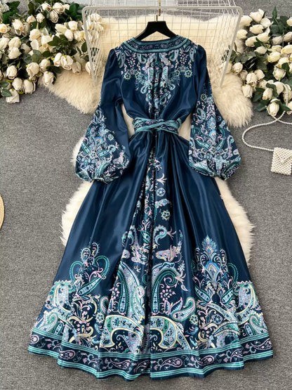 Early Spring New French Advanced Lace-up Waist Print Dress Women Light Luxury Elegant Long Dresss AP00061