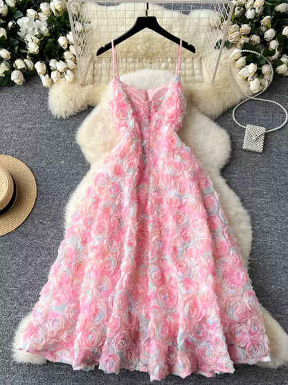 High-end Socialite Dress Women Dinner Party Dress Three-dimensional Rose Flower Waist Halter Dress AP00065