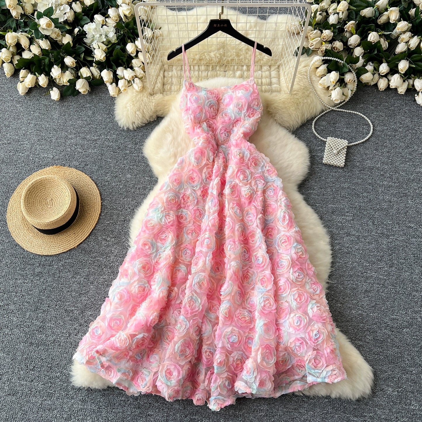 High-end Socialite Dress Women Dinner Party Dress Three-dimensional Rose Flower Waist Halter Dress AP00065