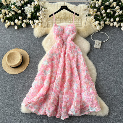 High-end Socialite Dress Women Dinner Party Dress Three-dimensional Rose Flower Waist Halter Dress AP00065