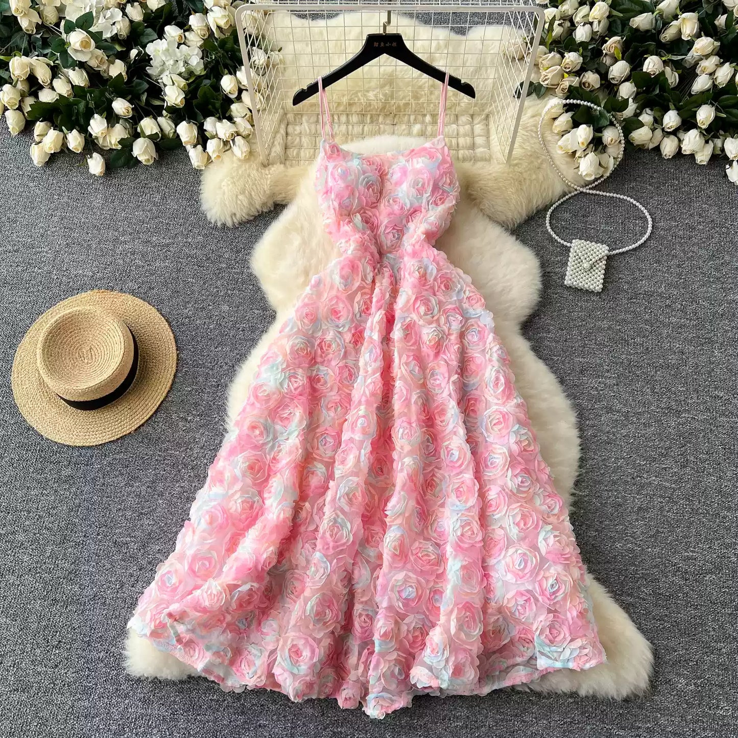 High-end Socialite Dress Women Dinner Party Dress Three-dimensional Rose Flower Waist Halter Dress AP00065