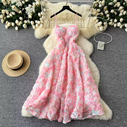 High-end Socialite Dress Women Dinner Party Dress Three-dimensional Rose Flower Waist Halter Dress AP00065