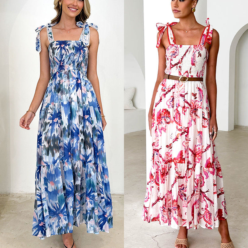 Floral Print Halter Tie Elastic Waist Knot Shoulder Belt Swing Dress AP00063