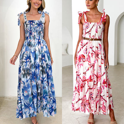 Floral Print Halter Tie Elastic Waist Knot Shoulder Belt Swing Dress AP00063