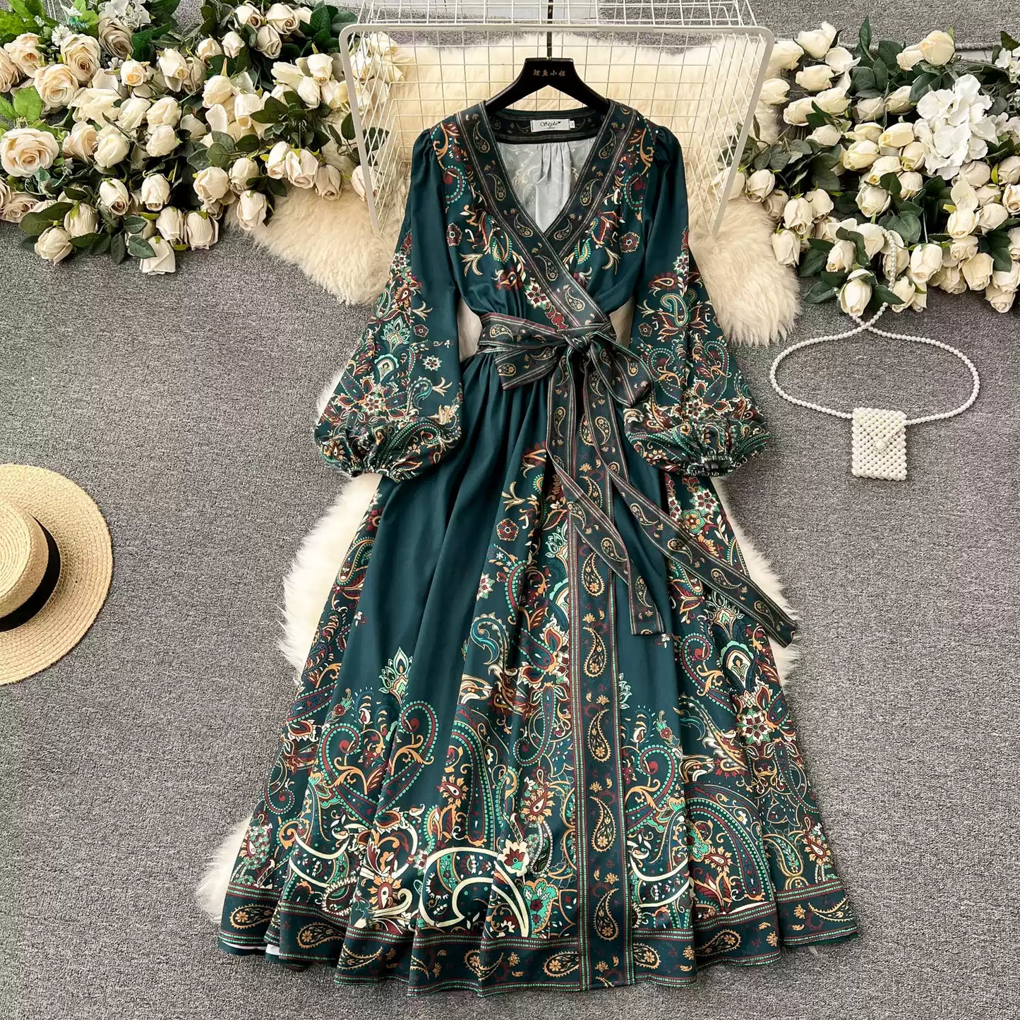 Early Spring New French Advanced Lace-up Waist Print Dress Women Light Luxury Elegant Long Dresss AP00061