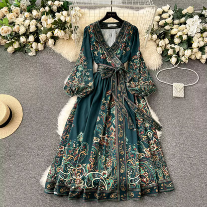 Early Spring New French Advanced Lace-up Waist Print Dress Women Light Luxury Elegant Long Dresss AP00061