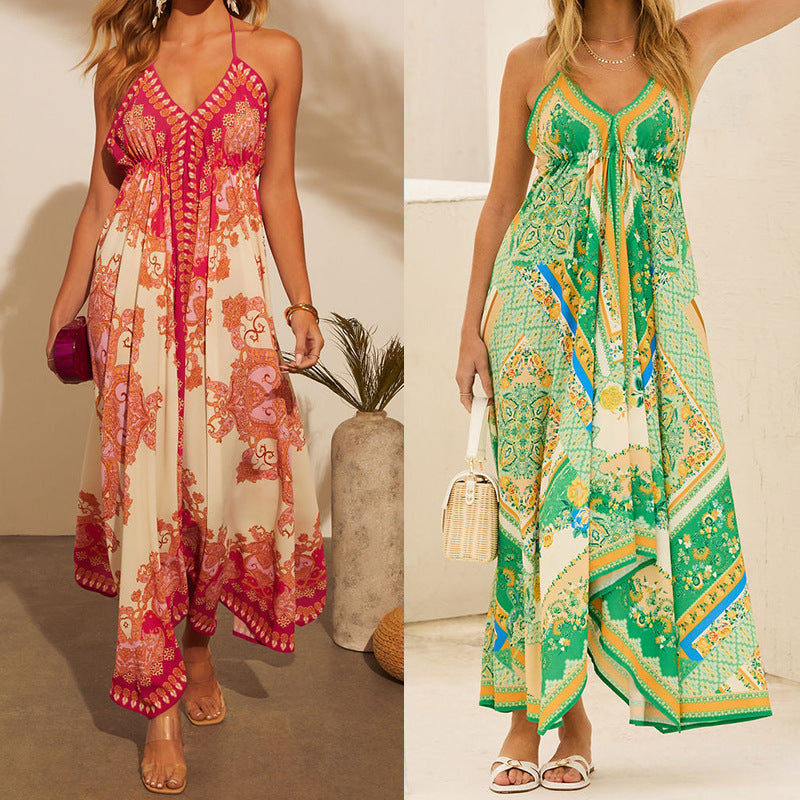 New Europe Leisure Holiday Women Dress Print Halter Sexy Mid-length Dress AP00062