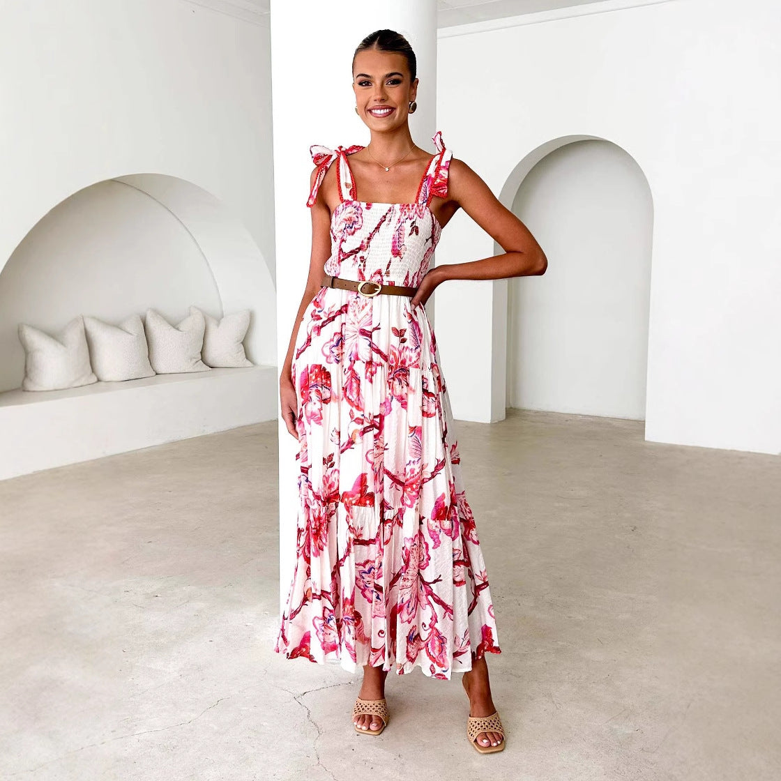 Floral Print Halter Tie Elastic Waist Knot Shoulder Belt Swing Dress AP00063