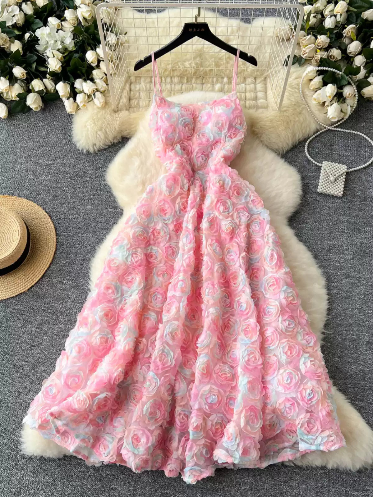 High-end Socialite Dress Women Dinner Party Dress Three-dimensional Rose Flower Waist Halter Dress AP00065