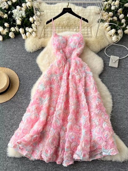 High-end Socialite Dress Women Dinner Party Dress Three-dimensional Rose Flower Waist Halter Dress AP00065