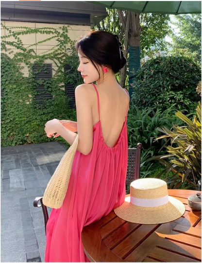 New Fashion Rose Pink Sleeveless Backless Beach Loose Spaghetti Strap Dress  AP0244