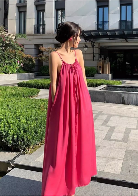 New Fashion Rose Pink Sleeveless Backless Beach Loose Spaghetti Strap Dress  AP0244