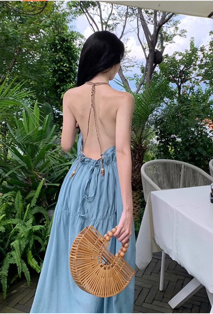 New Fashion Light Blue Sleeved Backless Beach Halter Dress  AP0252
