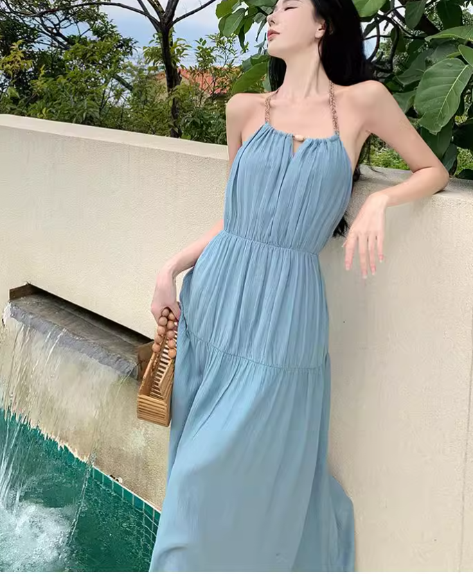New Fashion Light Blue Sleeved Backless Beach Halter Dress  AP0252