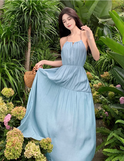 New Fashion Light Blue Sleeved Backless Beach Halter Dress  AP0252