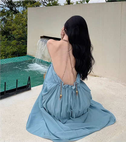 New Fashion Light Blue Sleeved Backless Beach Halter Dress  AP0252
