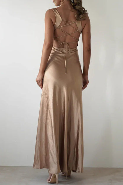 Sweety Satin Square Neck Yellow Long Prom Dress With Criss Cross Back AD280