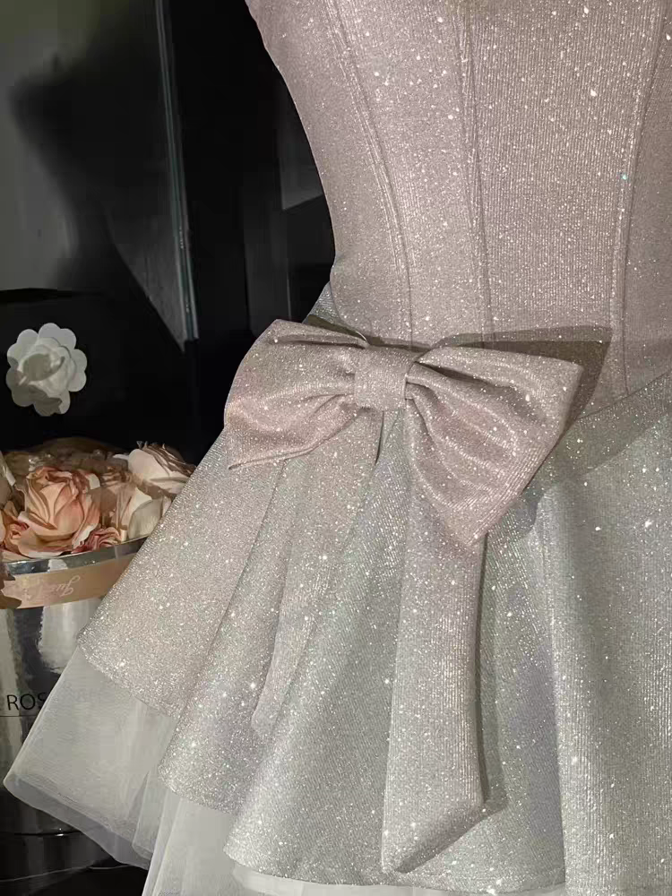 Blush Pink Glitter Corset Spaghetti Straps Homecoming Dress With Rhinestones and Bow AS177