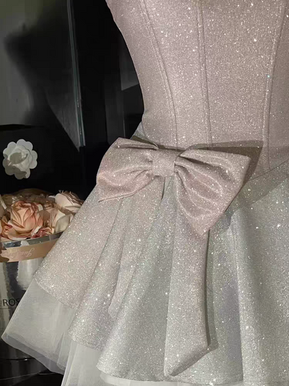 Blush Pink Glitter Corset Spaghetti Straps Homecoming Dress With Rhinestones and Bow AS177