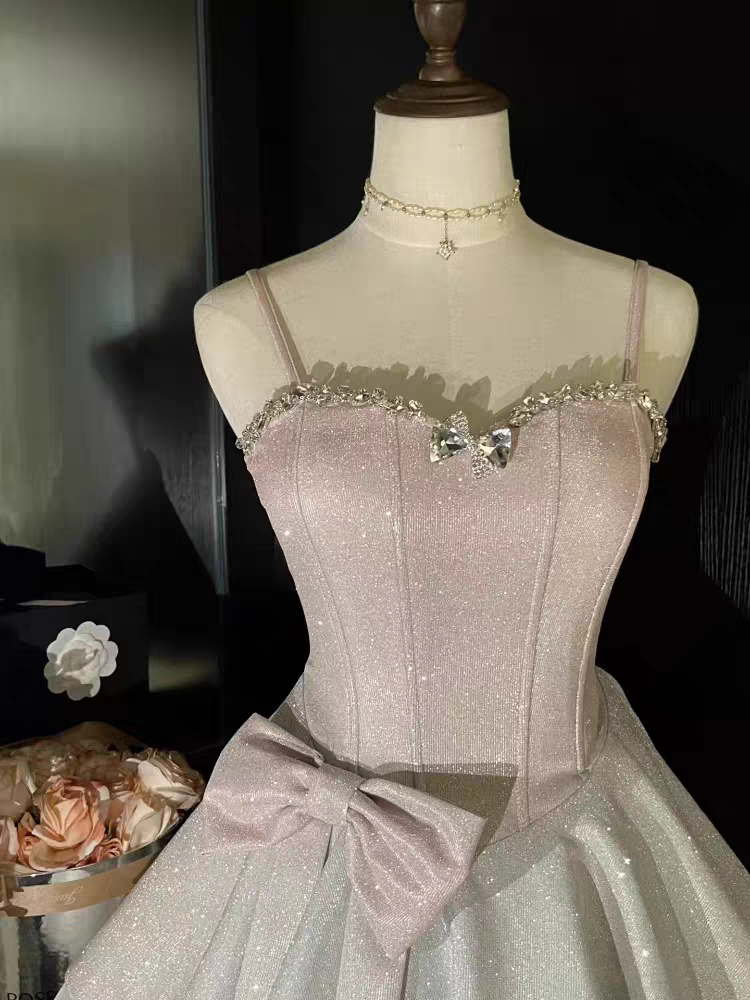Blush Pink Glitter Corset Spaghetti Straps Homecoming Dress With Rhinestones and Bow AS177