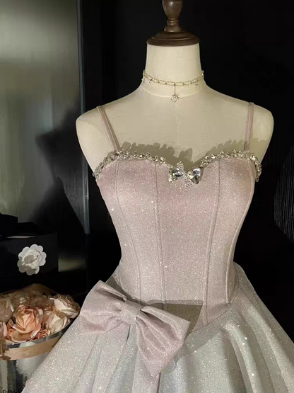 Blush Pink Glitter Corset Spaghetti Straps Homecoming Dress With Rhinestones and Bow AS177
