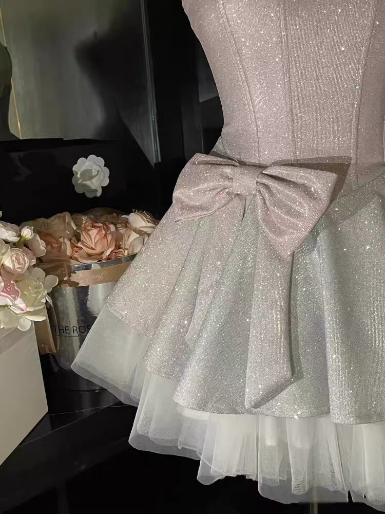 Blush Pink Glitter Corset Spaghetti Straps Homecoming Dress With Rhinestones and Bow AS177