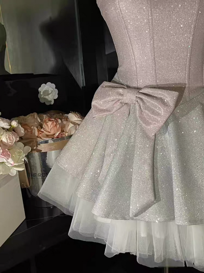 Blush Pink Glitter Corset Spaghetti Straps Homecoming Dress With Rhinestones and Bow AS177