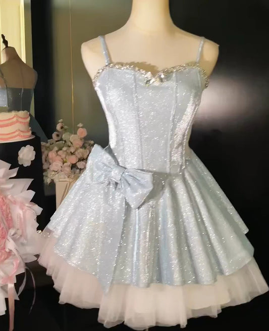 Blush Pink Glitter Corset Spaghetti Straps Homecoming Dress With Rhinestones and Bow AS177
