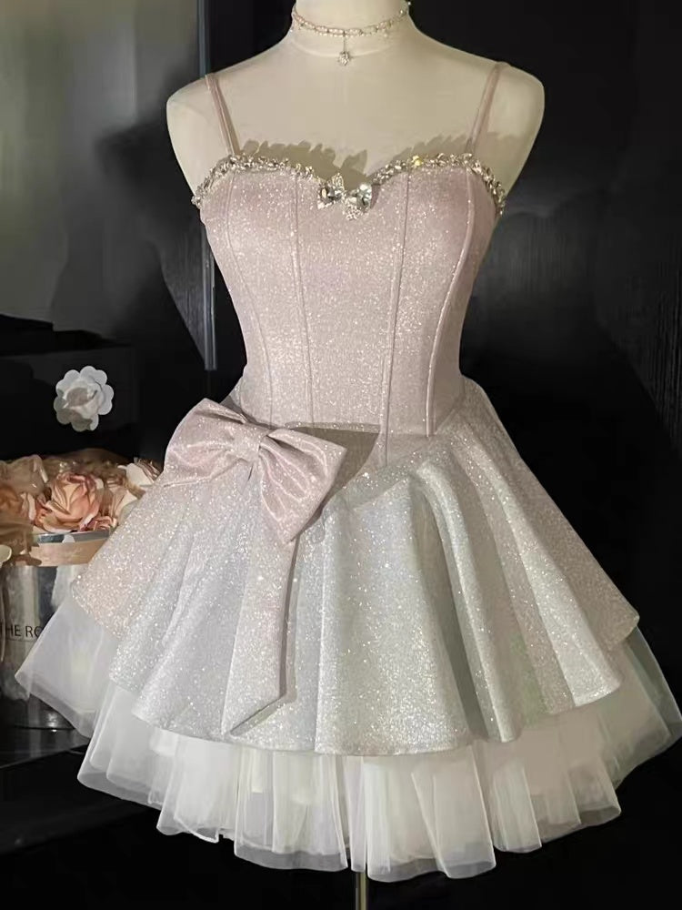 Blush Pink Glitter Corset Spaghetti Straps Homecoming Dress With Rhinestones and Bow AS177