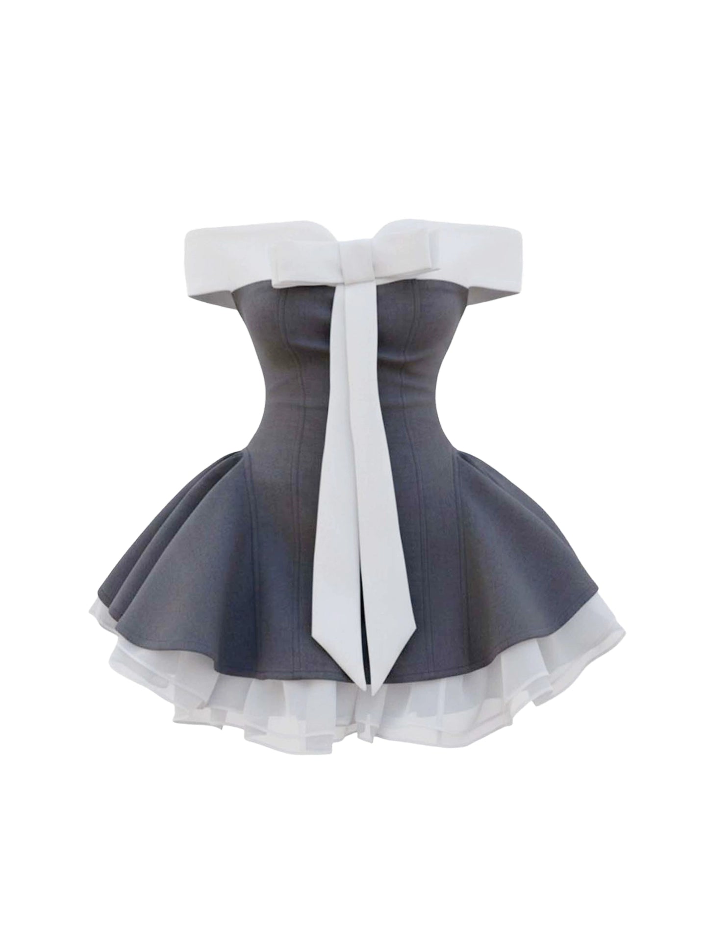 New Tendency Off-Shoulder Gray Mini Skirt Vintage Bow Accent A-Line Ruffles Tulle Hem Short Dress AP4274