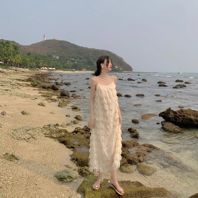 New Fashion Tassels Design Pink Beach Elegant Spaghetti Strap Dress  AP0261