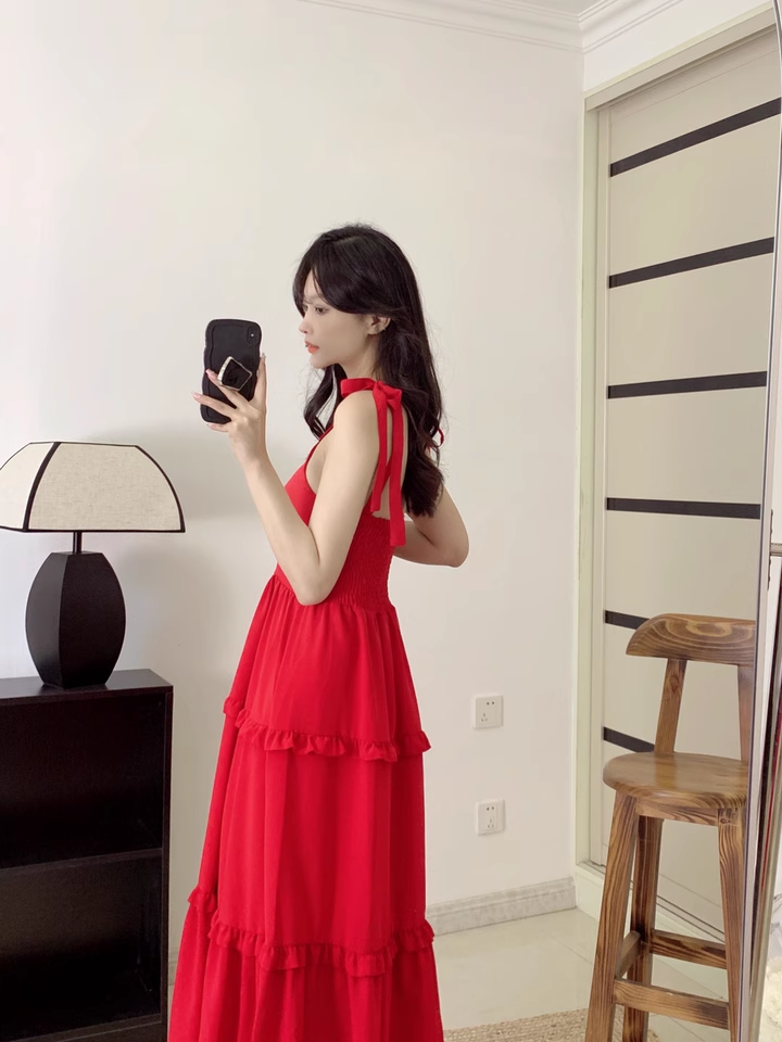 New Fashion Red Casual Sleeveless Beach Spaghetti Strap Dress  AP0248
