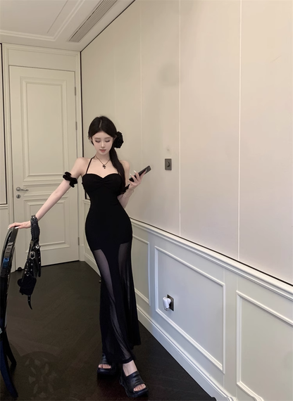 Fashion Sexy Black Lace Cutout Sleeved Backless Halter Dress  AP0253