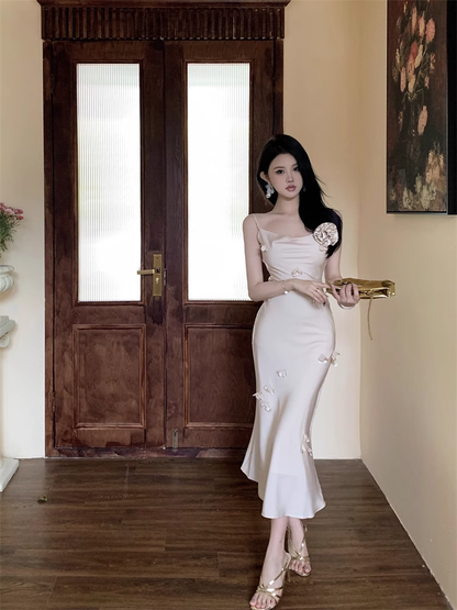 New Elegant Three-dimensional Floral Decoration Slim Mermaid Spaghetti Strap Dress  AP0257