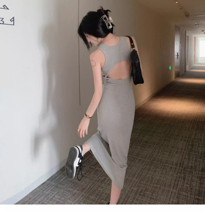 Simple Women Fashion Gray Black Halter Dress AP0238