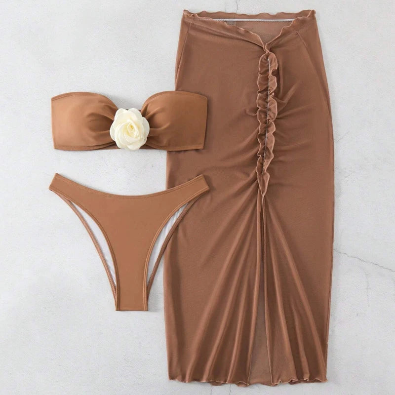 Women Bandeau Bikini And Ruched Midi Skirt Set AP000145