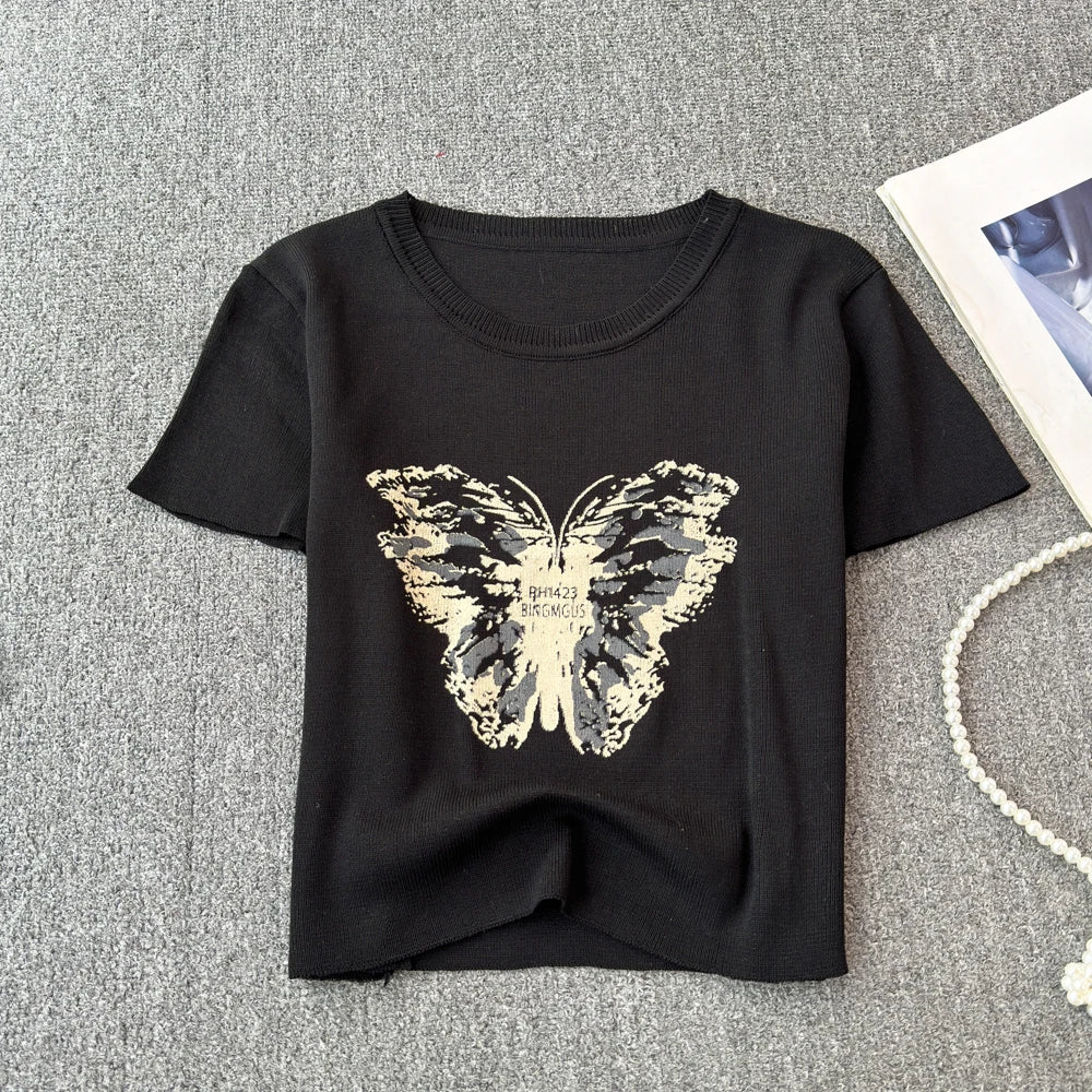 Cute Women Butterfly Print Short-sleeve Cropped T-shirt AP000158