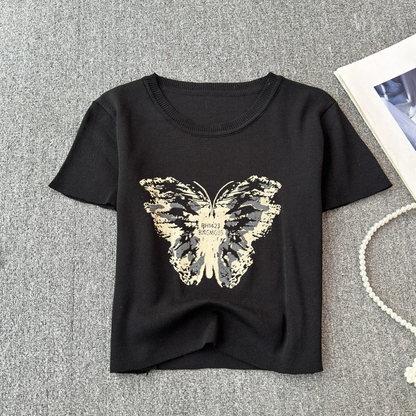 Cute Women Butterfly Print Short-sleeve Cropped T-shirt AP000158