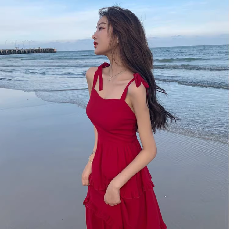 New Fashion Red Casual Sleeveless Beach Spaghetti Strap Dress  AP0248